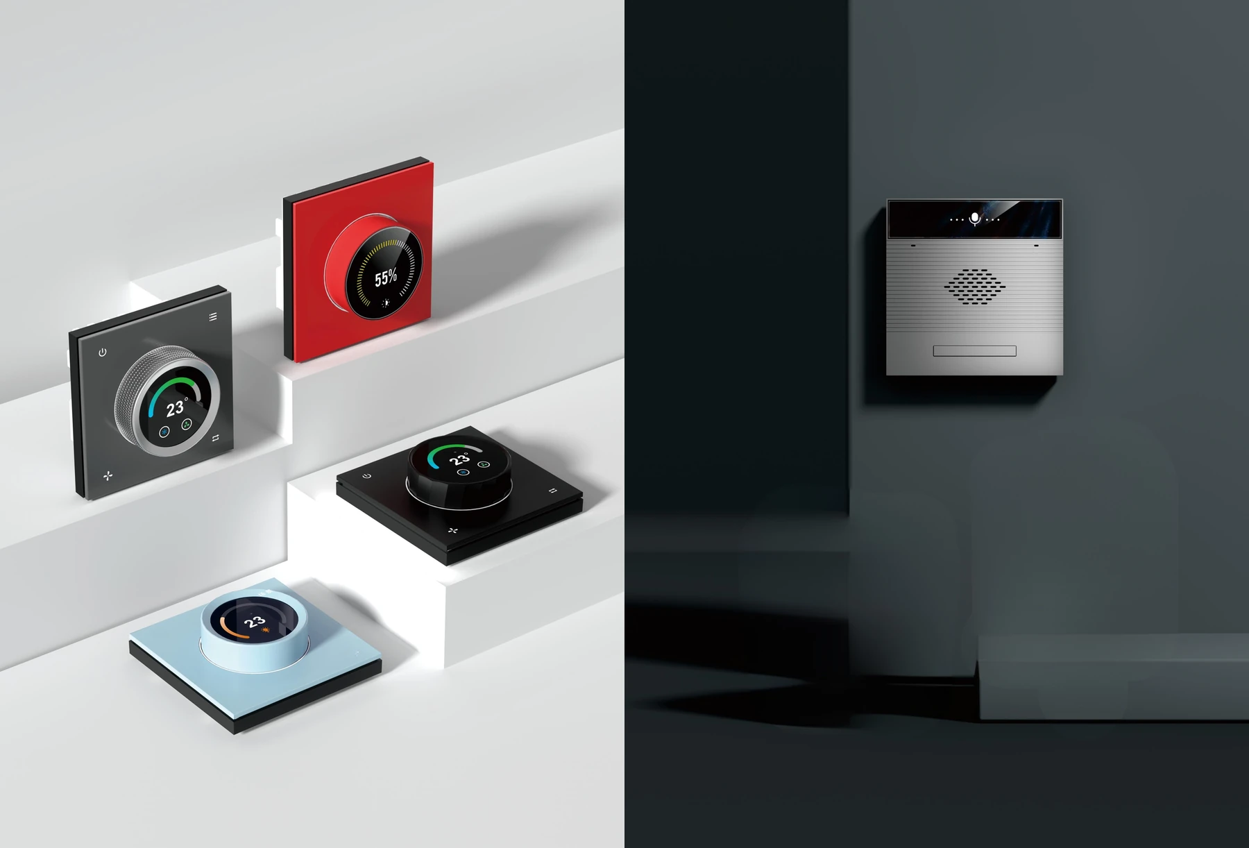 NUE rotary and display consoles in light and dark finishes