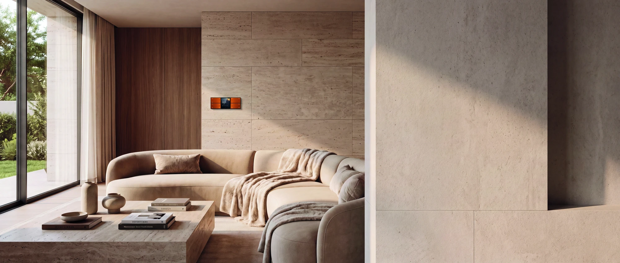 NUE copper display panel installed above a sofa in a warm stone and timber interior